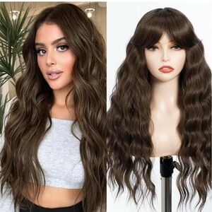 Human hair blended brown wave wig with bang